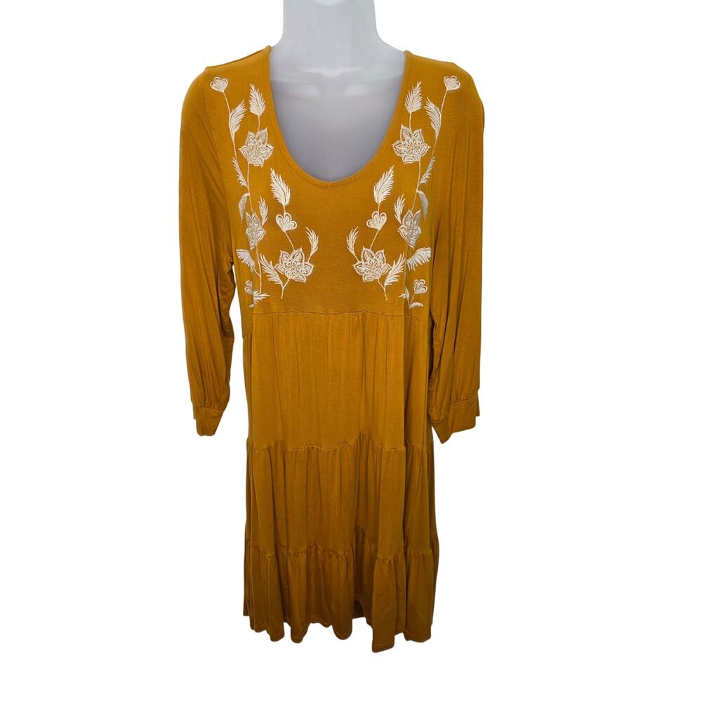 Women's Mustard Embroidered 3/4 Sleeve Boho Dress Floral Tiered Peasant Size M
